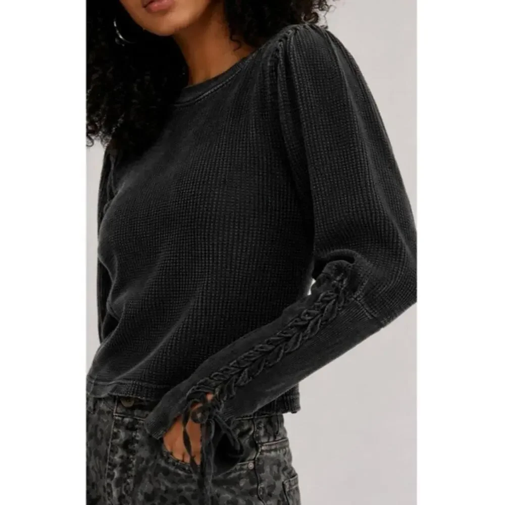 Free People One Tasha waffle knit thermal top puff lace up sleeves indie small